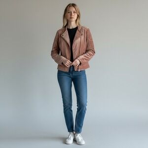 Westport 1962 Womens‎ L Pink Velvet Moto Jacket Full Zip Quilted Shoulder